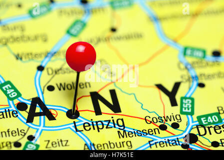 Leipzig pinned on a map of Germany Stock Photo