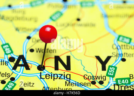 Leipzig pinned on a map of Germany Stock Photo