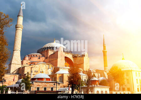 Hagia Sophia in Istanbul. The world famous monument of Byzantine architecture. View of the St. Sophia Cathedral at sunset. Stock Photo