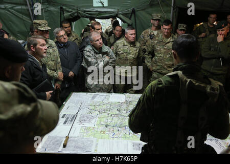 NATO Alliance senior leaders conduct a mission brief while managing a tactical operations center during exercise Allied Spirit V at the Hohenfels Training Area October 11, 2016 in Hohenfels, Germany. Stock Photo