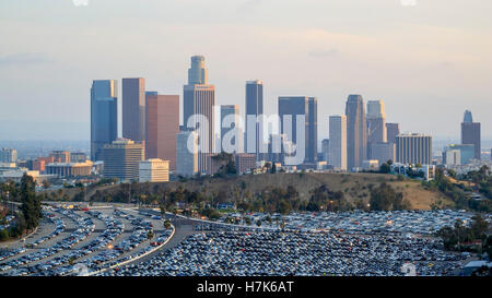 Los Angeles, MAY 25: Downtown with many cars below, sunset time on MAY 25, 2015 at Los Angeles Stock Photo