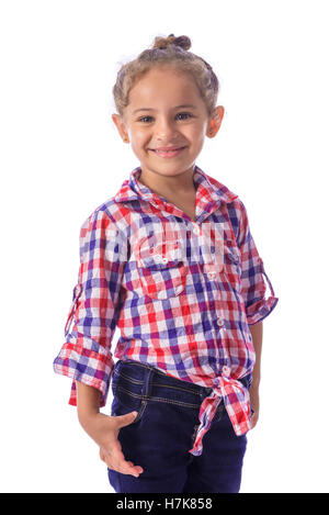 Beautiful Young Girl in Checkered Shirt and Jeans Stock Photo