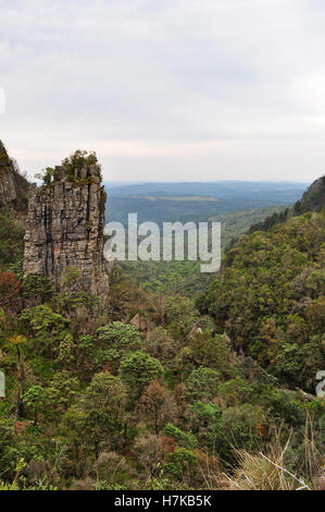 South Africa, Mpumalanga: green landscape with the Pinnacle, geological feature of a single quartzite column which rises from Blyde River Canyon Stock Photo