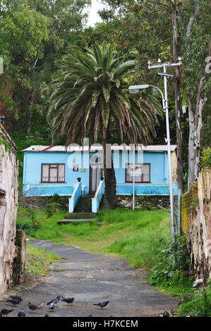 South Africa: light blue house in Bo-Kaap, the muslim quarter of Cape Town, formerly known as Malay Quarter, known for its brightly colorful building Stock Photo