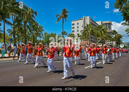 Royal Hawaiian Band playing instruments, parade, Honolulu, Oahu, Hawaii, Polynesia Stock Photo