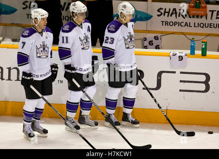 December 9, 2009; San Jose, CA, USA; Los Angeles Kings defenseman Rob Scuderi (7) and center Anze Kopitar (11) and right wing Dustin Brown (23) before the game against the San Jose Sharks at HP Pavilion. Los Angeles defeated San Jose 5-4 in overtime. Stock Photo