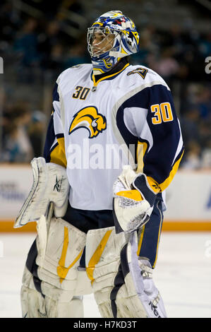 January 23, 2010; San Jose, CA, USA; Buffalo Sabres goalie Ryan Miller (30) before the game against the San Jose Sharks at HP Pavilion. San Jose defeated Buffalo 5-2. Stock Photo