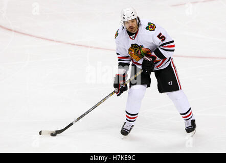 May 16, 2010; San Jose, CA, USA;  Chicago Blackhawks defenseman Brent Sopel (5) during the second period of game one of the western conference finals of the 2010 Stanley Cup Playoffs against the San Jose Sharks at HP Pavilion.  Chicago defeated San Jose 2-1. Stock Photo