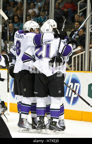 November 15, 2010; San Jose, CA, USA;  Los Angeles Kings right wing Scott Parse (21) is congratulated by teammates after scoring a goal against the San Jose Sharks during the first period at HP Pavilion.
