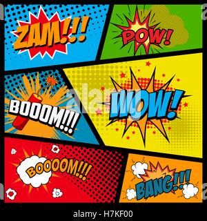 Comic style phrases in frames. Cartoon explosion. Zam. Pow. Bang. Boom. Wow. Vector illustration. Stock Vector