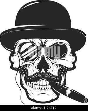 Skull in hat with cigar and monocle. Design element for logo, label, emblem, sign, brand mark, t-shirt print. Vector illustratio Stock Vector