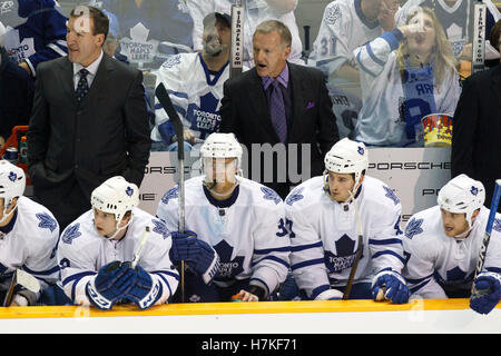 January 11, 2011; San Jose, CA, USA; Toronto Maple Leafs head coach Ron Wilson on the bench against the San Jose Sharks during the third period at HP Pavilion. Toronto defeated San Jose 4-2. Stock Photo