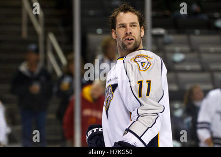 Nashville Predators center David Legwand celebrates his goal against the  Columbus Blue Jackets as official Wes McCauley (4) signals the goal in the  third period of an NHL hockey game on Thursday