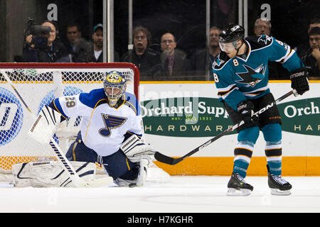 March 19, 2011; San Jose, CA, USA;  San Jose Sharks center Joe Pavelski (8) scores a goal past St. Louis Blues goalie Ty Conklin (29) during the second period at HP Pavilion. Stock Photo