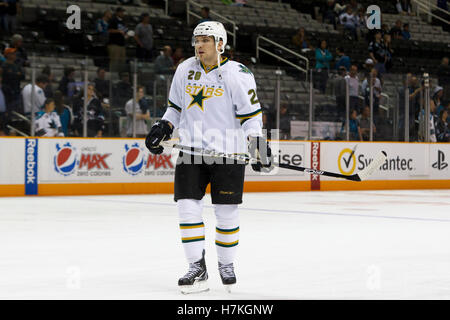 March 31, 2011; San Jose, CA, USA;  Dallas Stars center Brian Sutherby (20) warms up before the game against the San Jose Sharks at HP Pavilion.  San Jose defeated Dallas 6-0. Stock Photo