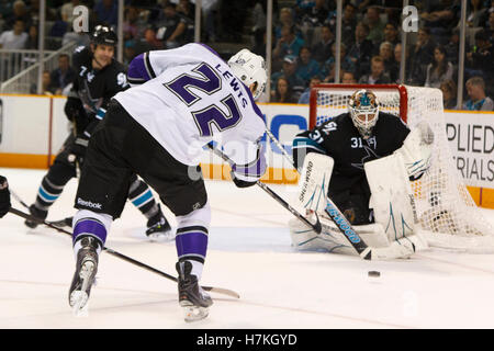 April 4, 2011; San Jose, CA, USA;  San Jose Sharks goalie Antti Niemi (31) stops a shot from Los Angeles Kings center Trevor Lewis (22) during the second period at HP Pavilion. Stock Photo