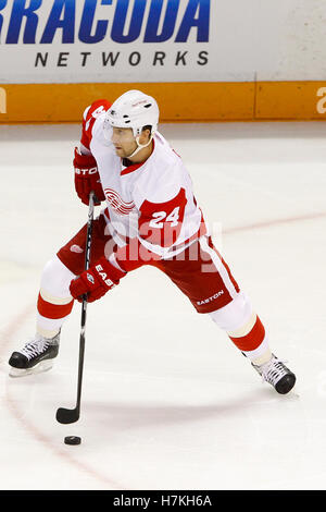 May 8, 2011; San Jose, CA, USA;  Detroit Red Wings defenseman Ruslan Salei (24) skates with the puck against the San Jose Sharks during the first period of game five of the western conference semifinals of the 2011 Stanley Cup playoffs at HP Pavilion. Stock Photo