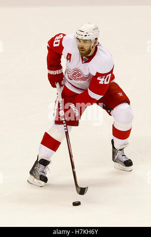 May 8, 2011; San Jose, CA, USA;  Detroit Red Wings center Henrik Zetterberg (40) skates with the puck against the San Jose Sharks during the first period of game five of the western conference semifinals of the 2011 Stanley Cup playoffs at HP Pavilion. Stock Photo