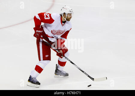 May 8, 2011; San Jose, CA, USA;  Detroit Red Wings defenseman Brad Stuart (23) skates with the puck against the San Jose Sharks during the second period of game five of the western conference semifinals of the 2011 Stanley Cup playoffs at HP Pavilion. Stock Photo