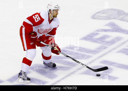 May 8, 2011; San Jose, CA, USA;  Detroit Red Wings defenseman Niklas Kronwall (55) skates with the puck against the San Jose Sharks during the second period of game five of the western conference semifinals of the 2011 Stanley Cup playoffs at HP Pavilion. Stock Photo