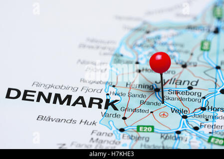 Brande pinned on a map of Denmark Stock Photo