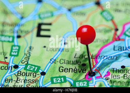 Geneve pinned on a map of Switzerland Stock Photo