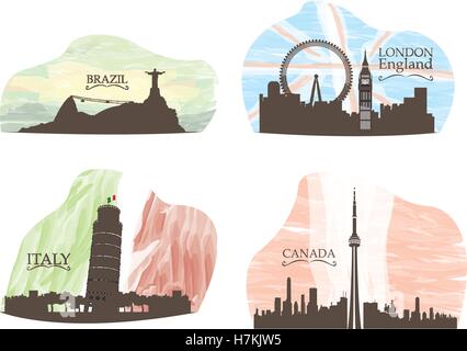 Set of different skylines on a white background, Vector illustration Stock Vector