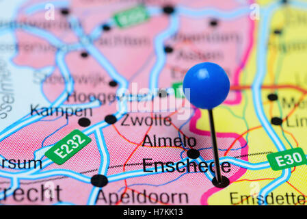 Enschede pinned on a map of Netherlands Stock Photo