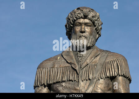 Morgantown, West Virginia, USA - Sculpture of the West Virginia University Mountaineer in front of the WVU Alumni Association building. Stock Photo