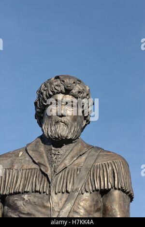 Morgantown, West Virginia, USA - Sculpture of the West Virginia University Mountaineer in front of the WVU Alumni Association building. Stock Photo