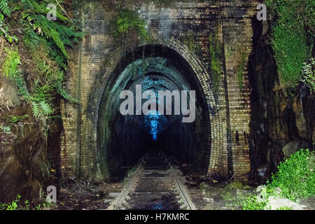 Helensburgh, Australia - 4th November 2016: Helensburgh tunnel near the old Helensburgh train station. This tunnel built between 1884 and 1886 is said to be haunted by the coal miner Robert Hales who passed away on the 13th of June 1895 after being struck by a passing steam train. Some say his ghost can be seen running from the darkness as trying to flee potential trains. - Helensburgh, New South Wales, Australia Stock Photo