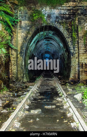 Helensburgh, Australia - 4th November 2016: Helensburgh tunnel near the old Helensburgh train station. This tunnel built between 1884 and 1886 is said to be haunted by the coal miner Robert Hales who passed away on the 13th of June 1895 after being struck by a passing steam train. Some say his ghost can be seen running from the darkness as trying to flee potential trains. - Helensburgh, New South Wales, Australia Stock Photo