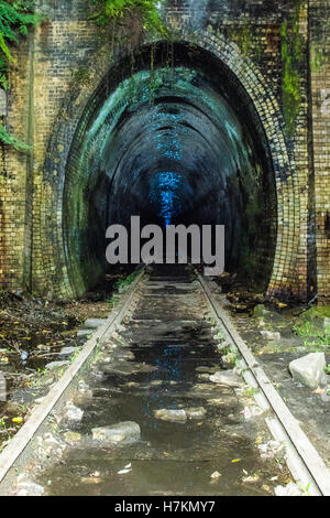 Helensburgh, Australia - 4th November 2016: Helensburgh tunnel near the old Helensburgh train station. This tunnel built between 1884 and 1886 is said to be haunted by the coal miner Robert Hales who passed away on the 13th of June 1895 after being struck by a passing steam train. Some say his ghost can be seen running from the darkness as trying to flee potential trains. - Helensburgh, New South Wales, Australia Stock Photo