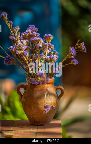 Bouquet of purple dry flowers in an old clay vase Stock Photo