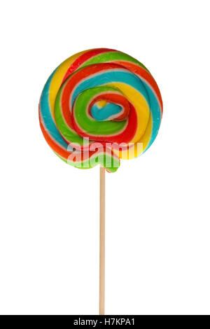 Rainbow and white stripe swirl candy lollipop on white background Stock Photo