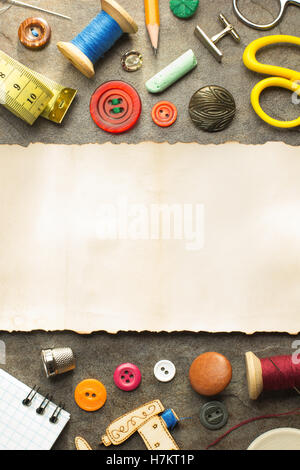 sewing tools and accessories on table background Stock Photo