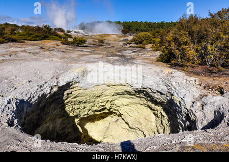 Crater with minerals in the wonderland of the Wai-o-tapu geothermal area, near Rotorua, New Zealand Stock Photo