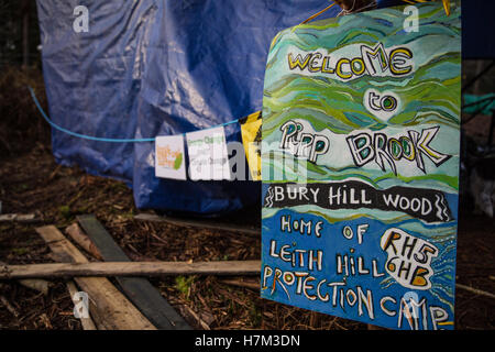 Leith Hill, UK. 5th November, 2016. A sign at the Leith Hill Protection Camp, near Holmwood in Surrey. Environmental activists occupying the site are protesting against plans by Europa Oil and Gas to drill and test for oil in Bury Hill Wood. Stock Photo