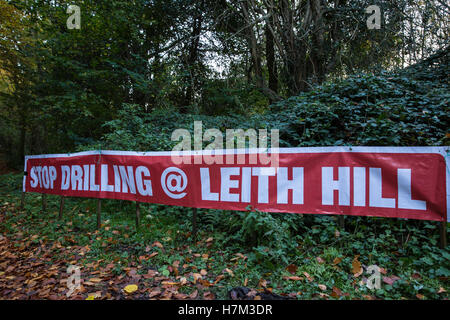 Leith Hill, UK. 5th November, 2016. A banner at the Leith Hill Protection Camp, near Holmwood in Surrey. Environmental activists occupying the site are protesting against plans by Europa Oil and Gas to drill and test for oil in Bury Hill Wood. Stock Photo