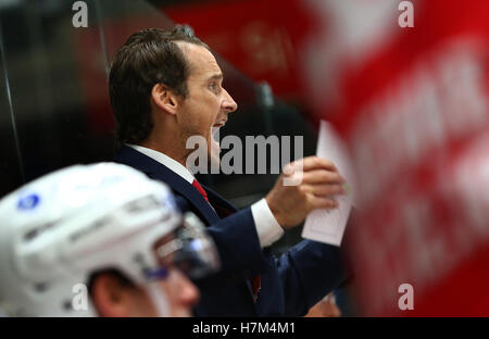 Augsburg, Germany. 6th Nov, 2016. Swiss coach Patrick Fischer reacts during the Germany Cup ice hockey match between Switzerland and Slovakia in Augsburg, Germany, 6 November 2016. PHOTO: KARL-JOSEF HILDENBRAND/dpa/Alamy Live News Stock Photo