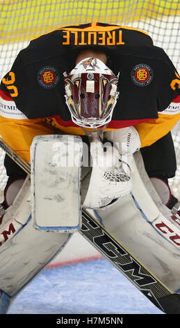 Augsburg, Germany. 6th Nov, 2016. Germany's goalie Niklas Treutle reacts after the 1:3 defeat at the Germany Cup ice hockey match between Germany and Canada in Augsburg, Germany, 6 November 2016. PHOTO: KARL-JOSEF HILDENBRAND/dpa/Alamy Live News Stock Photo