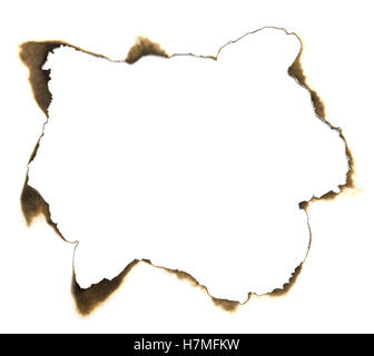 paper with burnt hole isolated on white Stock Photo