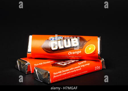 McVities club orange flavour chocolate biscuit bar isolated on a black background Stock Photo