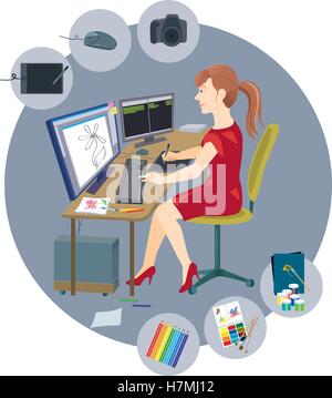 Designer girl sitting at the computer and drawing on a graphic tablet Stock Vector