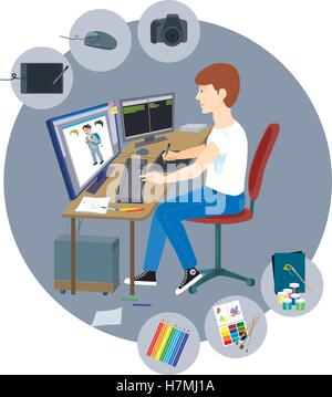 Designer man sitting at the computer and drawing on a graphic tablet Stock Vector