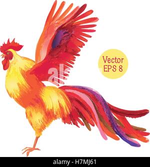 Gorgeous yellow-orange fiery rooster flaps its wings, fluttering behind long tail feathers Stock Vector