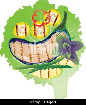 delicious grilled vegetables on lettuce leaf with grilled corn, green beans, zucchini, basil, pepper ring Stock Vector