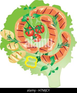 delicious grilled sausage  on lettuce leaf with with tomato and sweet pepper, potatoes,  with oregano, parsley, rosemary Stock Vector
