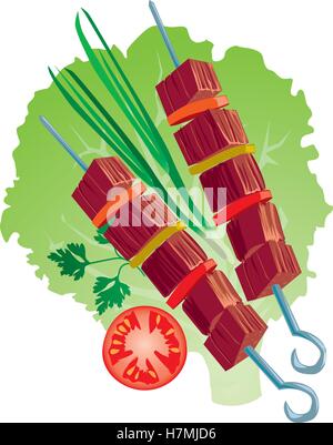 delicious barbecue on lettuce leaf with onions and tomatoes Stock Vector
