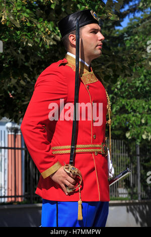 An officer of the presidential guard at the entrance of the residence of the President of Montenegro in Cetinje Stock Photo